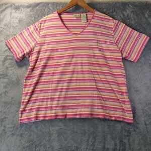 St Johns Bay Womens Top Size 1X Pink Striped Cotton VNeck Short Sleeve Vintage
